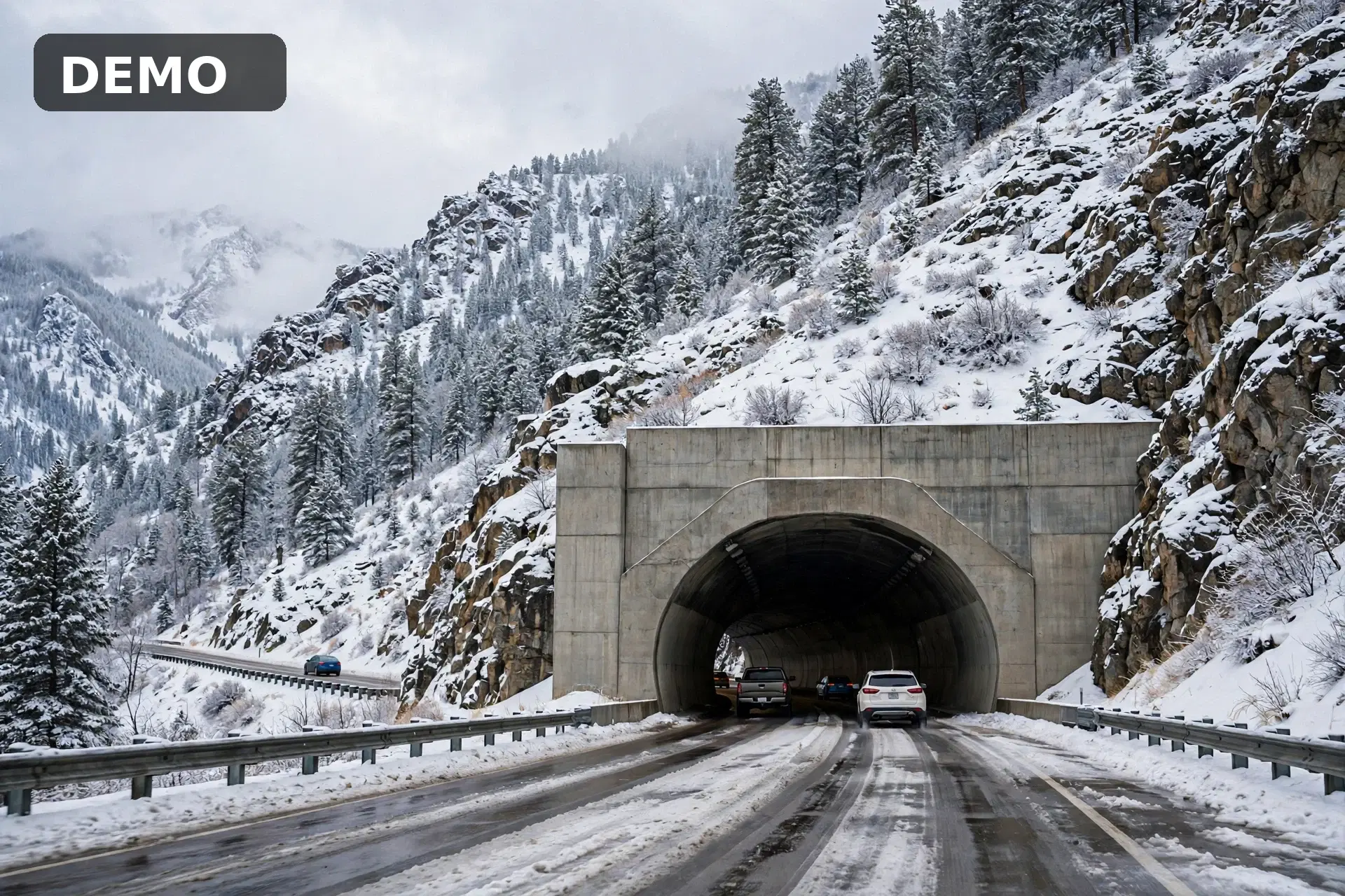 Static image of the Eisenhower Tunnel area on I-70 in Colorado in winter, not a live camera