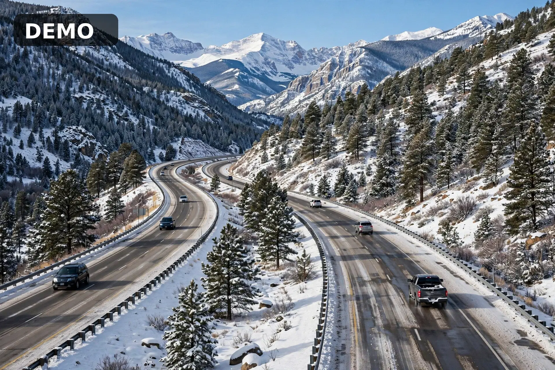 Static image of Interstate 70 in the Colorado Rocky Mountains in winter, not a live camera